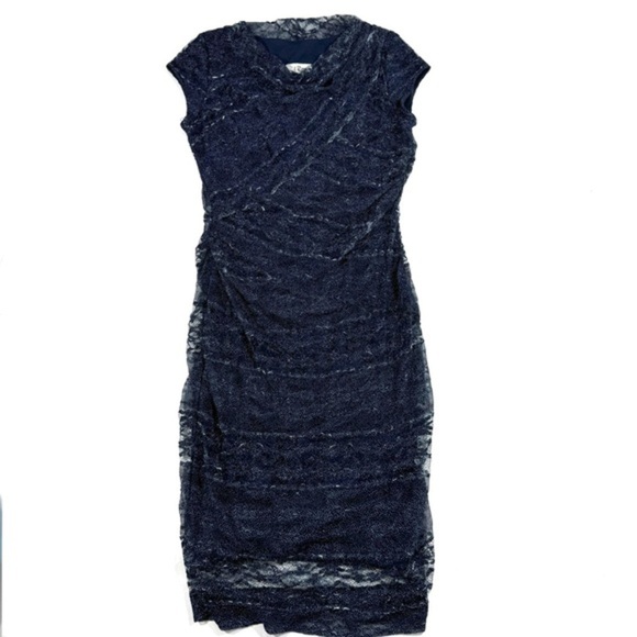 Joseph Ribkoff Shirred Knee Length Sheath Dress Lace Overlay Blue - Picture 1 of 7